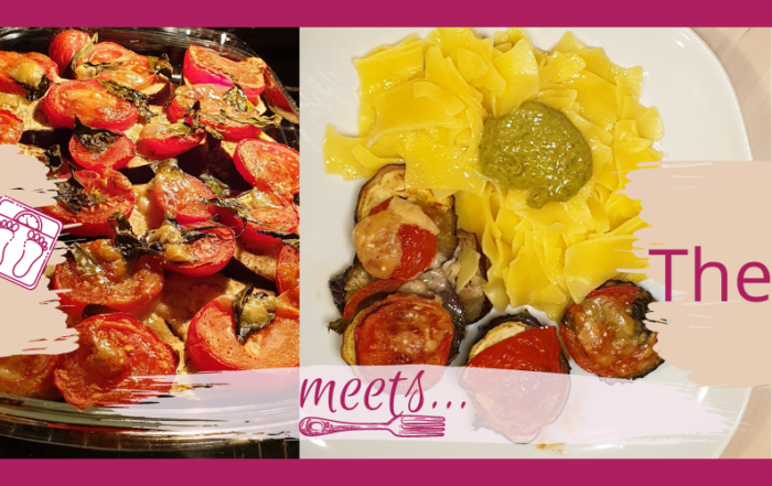 Auberginen-Tomaten-Auflauf mit Bandnudeln & Pesto